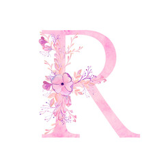 Pink letters with flowers. Romantic, delicate watercolor font. Wedding clipart on a white background.