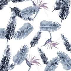 Indigo Pattern Vintage. Cobalt Tropical Art. Azure Floral Palm. Navy Flora Plant. White Decoration Leaves. Gray Wallpaper Painting. Blue Spring Foliage.