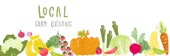 eat local food and vegetable organic farm support with water color texture and hand drawn vector