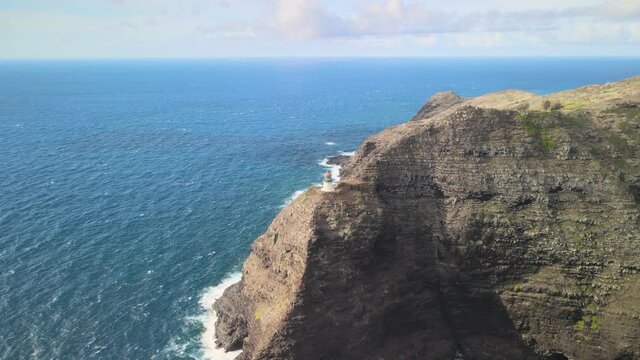 aerial panning left view of the makapuu lighthouse in waimanalo hawaii