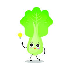 Vector illustration of green white cabbage character with cute expression, funny, isolated on white background, vegetable for mascot collection, emoticon kawaii, bulb, lamp on, smart, get idea