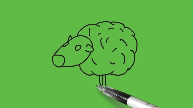 Sketch wild sheep in grey and dark grey colour with black outline on abstract green background 
