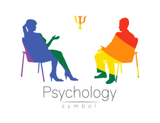 The psychologist and the client. Psychotherapy session. Psychological counseling. Man and woman silhouette, talking while sitting. Rainbow LGBT color. Isolated on white background