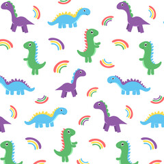  Multicolored childish pattern with dinosaurs and rainbow