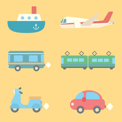 シンプルでかわいい乗り物のイラストセット フラットデザイン