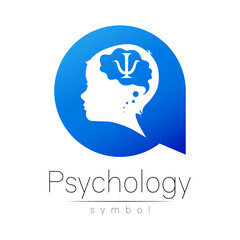 Child logotype in vector with brain and psychology sign in blue circle. Silhouette profile human head. Concept logo for people, children, autism, kids, therapy, clinic, education. Template symbol