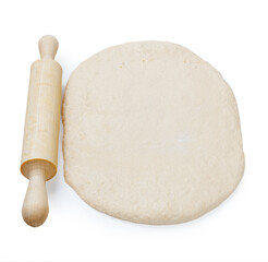 dough and rolling pin isolated on white background, top view