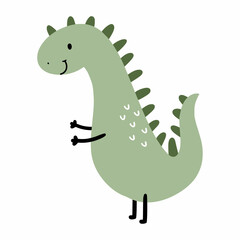 Cute green dinosaur for decorating postcard. Cartoon character for printing on child clothing. Animals of Jurassic period.