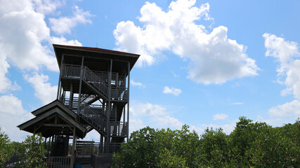 lookout tower in the forest with cloud