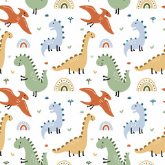 Seamless pattern with dinosaur and pterodactyl. Prehistoric animals. Background for sewing children clothing, printing on fabric and packaging paper. © Полина Екимова