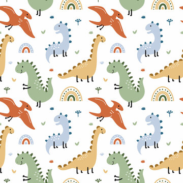 Seamless pattern with dinosaur and pterodactyl. Prehistoric animals. Background for sewing children clothing, printing on fabric and packaging paper.