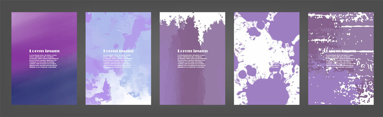 Set of purple vector watercolor backgrounds for poster, brochure or flyer, Bundle of watercolor posters, flyers or cards. Banner template.