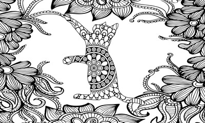 Cat. Eastern pattern. Mandala. Hand drawn circle zendala with abstract patterns on isolation background. Design for spiritual relaxation for adults. Black and white illustration for coloring.