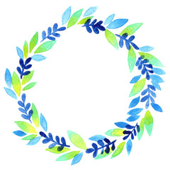 Tropical blue fern and leaves wreath watercolor for decoration on nature and tropical forest concept.