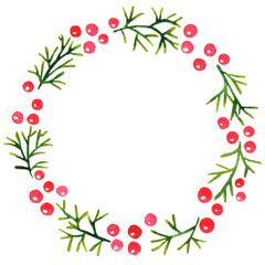 Pine leaves and red berry wreath watercolor for decoration on Christmas holiday festival.