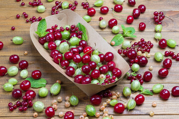Cherries, red currants and green gooseberries in disposable cardboard plate