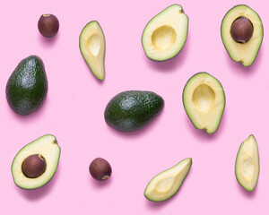 Set for designer from avocado pieces. Collection whole and half avocados and avocado’s seeds for...