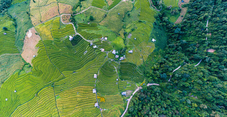 Aerial view of Pa Bong Piang beautiful terraced rice fields, Mae Chaem, Chiang Mai Thailand. roof plan