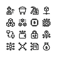 Simple Set of Crypto Related Vector Line Icons. Contains Icons as Miner Worker, Cart, Blockchain and more.