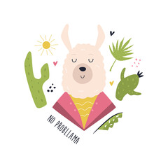 Funny llama in costume. Vector composition with floral elements