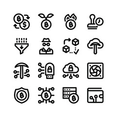 Simple Set of Crypto Related Vector Line Icons. Contains Icons as Coin Burning, Timestamp, Hash Function and more.