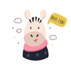 Funny illustration of cheerful zebra in a sweater and text Hello There © danceyourlife