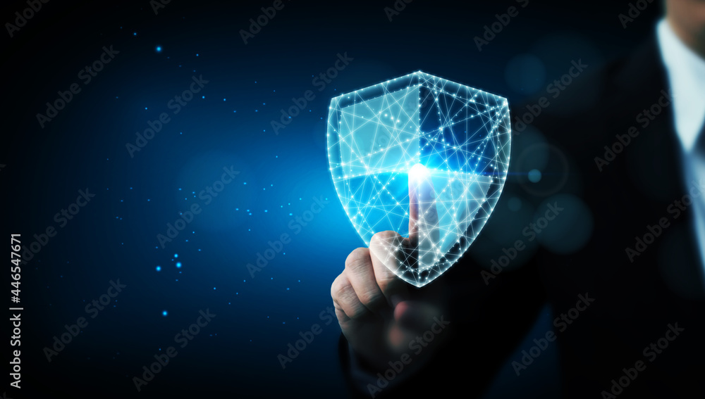 Aufkleber protection network cyber security computer and safe your data concept, businessman pointing shield p