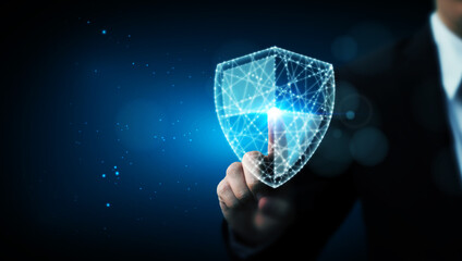 Protection network cyber security computer and safe your data concept, Businessman pointing shield...