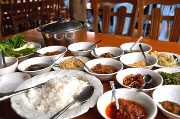 Burmese local food set lunch meal serve on table for burma people foreign traveler eat drink in...