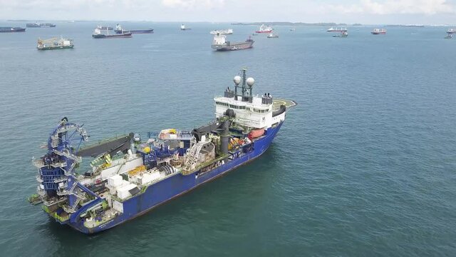Drone shot of pipe laying vessel, Singapore