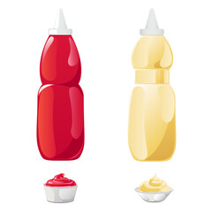 Ketchup and mayonnaise in the bottles without label set. Vector illustration in flat cartoon style.