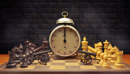 Chess and cannon are facing each other on chessboard with alarm clock in between them and smoke floating in the air and dark brick background. The concept of time in business battles. 3D illustration.