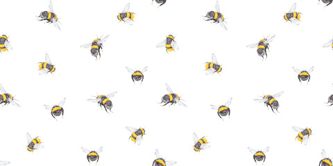 Watercolor insect seamless pattern with illustration of flying bumblebee, bee. Detailed elements isolated on white background. Perfect for wrapping, invitation, web design, bed linen, textiles.