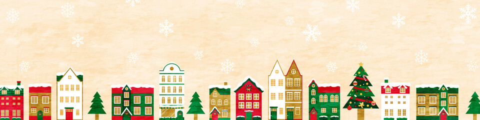 冬のクリスマスの街並みのベクターイラスト背景(風景,フレーム,xmas.X'mas,町並み,雪,カード,メッセージカード,コピースペース,テクスチャ,グランジ,質感,ポスター)