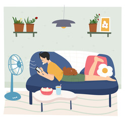 A man is lying on the sofa and looking at his smartphone while blowing in the wind. Hand drawing style vector illustration.
