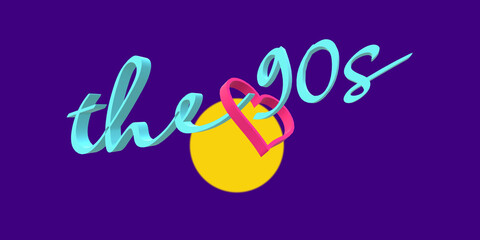 LOVE. PASSION for the 90s. Heart inserted in the text. Cross design elements. Retro toned style. Strong mauve color fund.