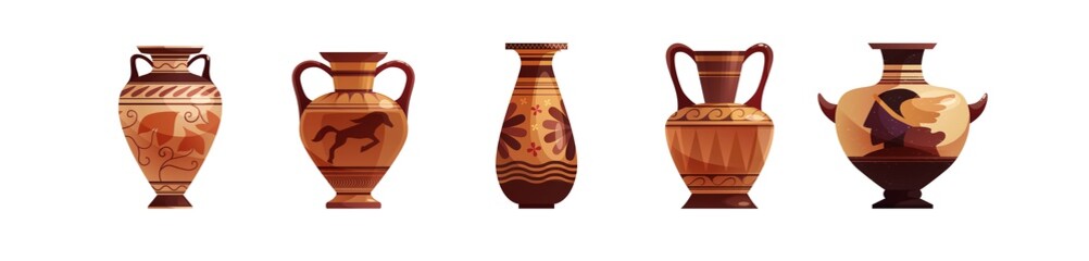 Antique Greek vase with decoration. Ancient traditional clay jar or pot for wine. Vector cartoon illustration.