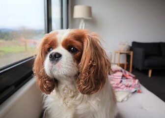 Cute Cavalier King Charles Spaniel Dog Looking Out Window