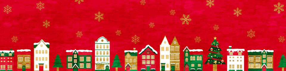 冬のクリスマスの街並みのベクターイラスト背景(風景,フレーム,xmas.X'mas,町並み,雪,カード,メッセージカード,コピースペース,テクスチャ,グランジ,質感,ポスター)