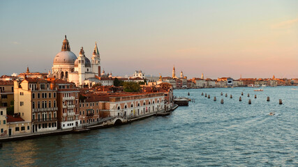 Naklejka na ściany i meble View of Venice skyline from cruise ship at sunset. Venice. Italy.