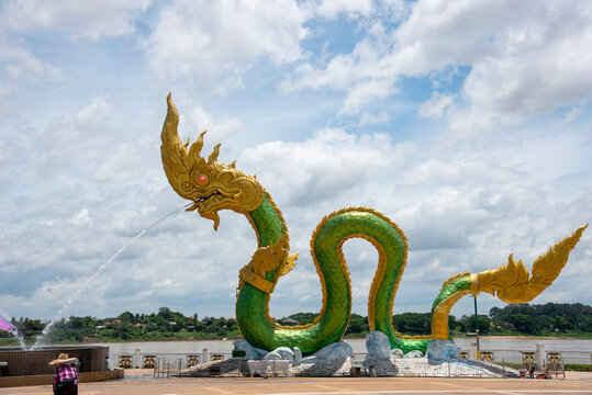 Green Naga statue at the mekong river, Wat Lamduan temple, Nong Khai province Thailand. Most famous landmark. Right side