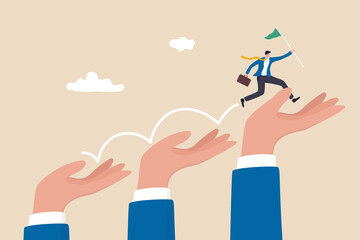 Business support or mentorship to assist employee to success, helping hand or encouragement for teammate to achieve business goal, businessman jumping up giant hand growth ladder to progress target. - obrazy, fototapety, plakaty
