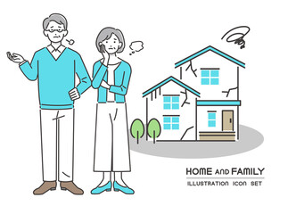 困った顔のシニアと一軒家のベクターイラスト素材／アイコン／家／マイホーム