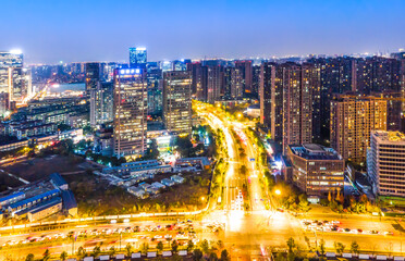 Naklejka na ściany i meble Aerial photography night view of modern city architecture landscape in Hangzhou, China