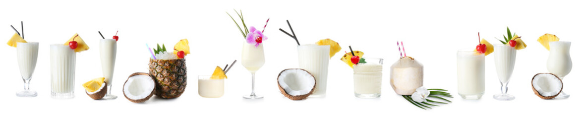 Set of Pina Colada cocktails on white background - obrazy, fototapety, plakaty