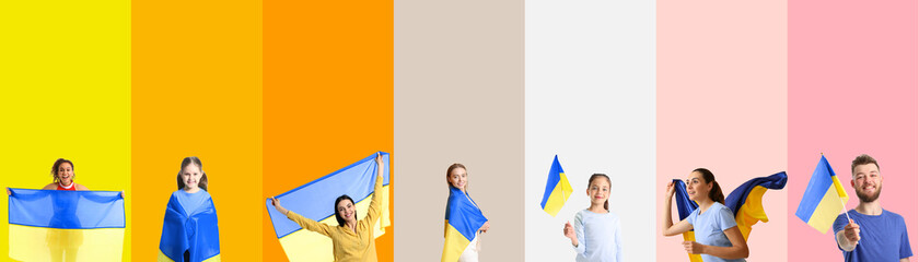 Group of people with flags of Ukraine on color background