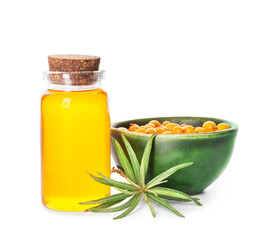 Bottle of sea buckthorn essential oil on white background