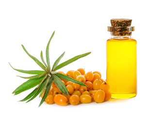 Bottle of sea buckthorn essential oil on white background
