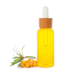 Bottle of sea buckthorn essential oil on white background