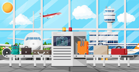 Airport Security Scanner Icon. Conveyor Belt With Passenger Luggage. Baggage Carousel Scan In Airport Interior. Package X-ray Baggage. Security, Logistic And Delivery. Cartoon Flat Vector Illustration